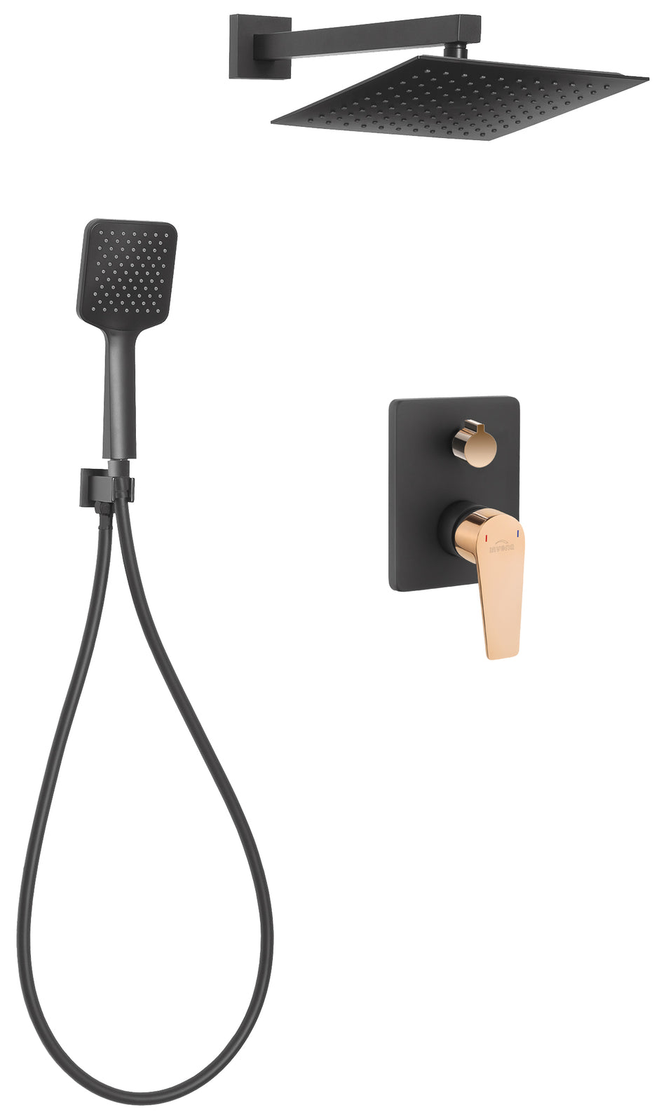 Black/Rose Gold Brass Wall Concealed Shower Mixer Set Rainfall Handshower