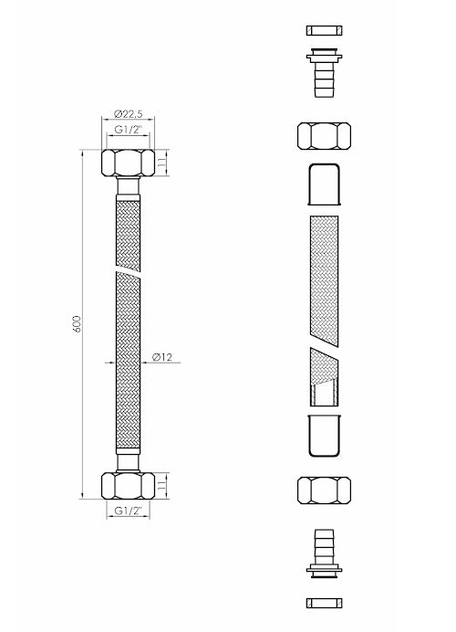 60cm 1/2" x 1/2" Inch BSP Black Nylon Braided Flexible Faucet Flush Valve Hose