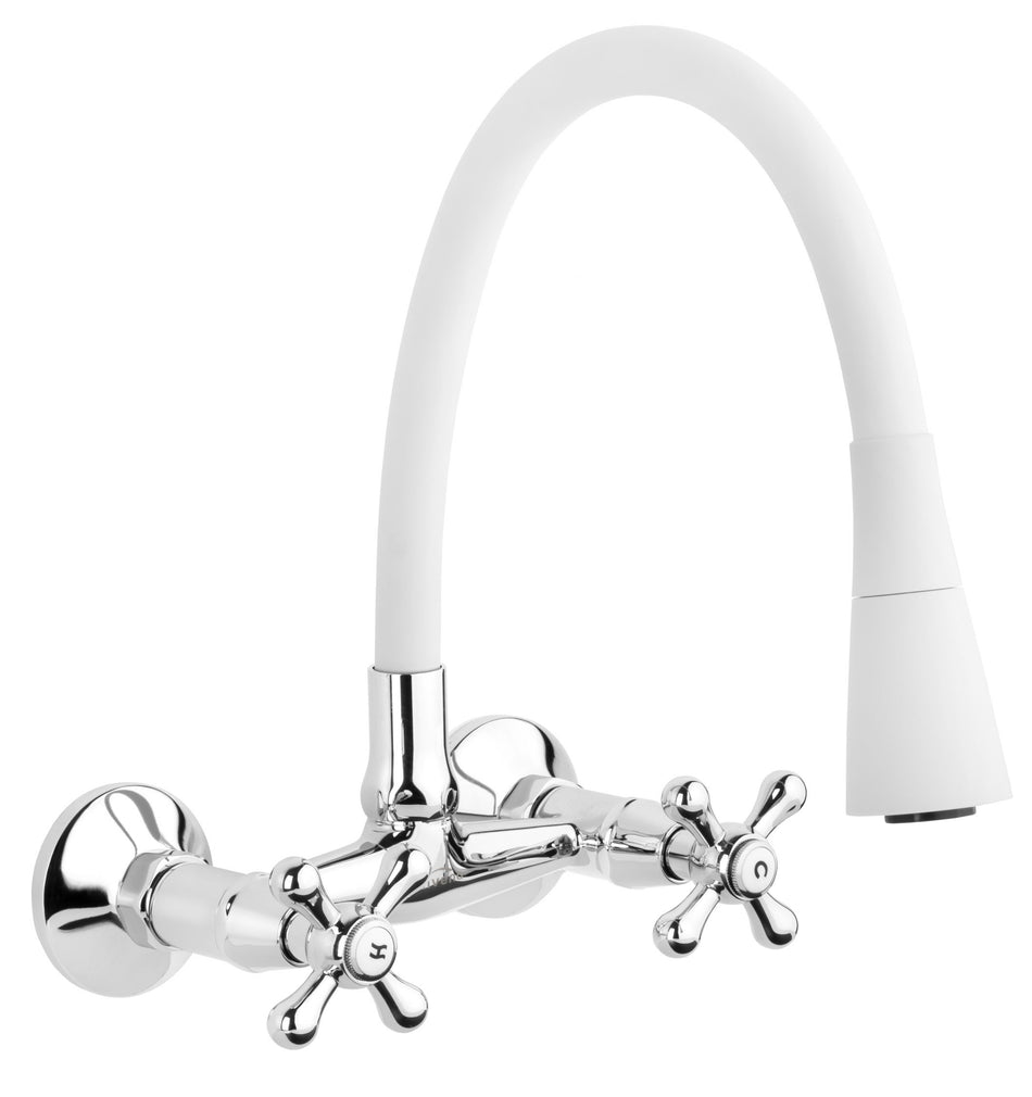 White Flexible Spout Chrome Kitchen Tap Wallmounted Faucet Cross Heads Mixer