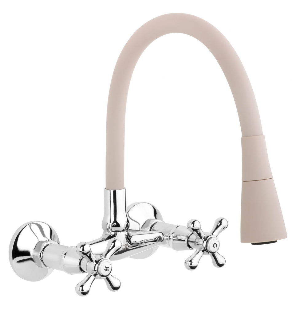 Beige Flexible Spout Chrome Kitchen Tap Wallmounted Faucet Cross Heads Mixer