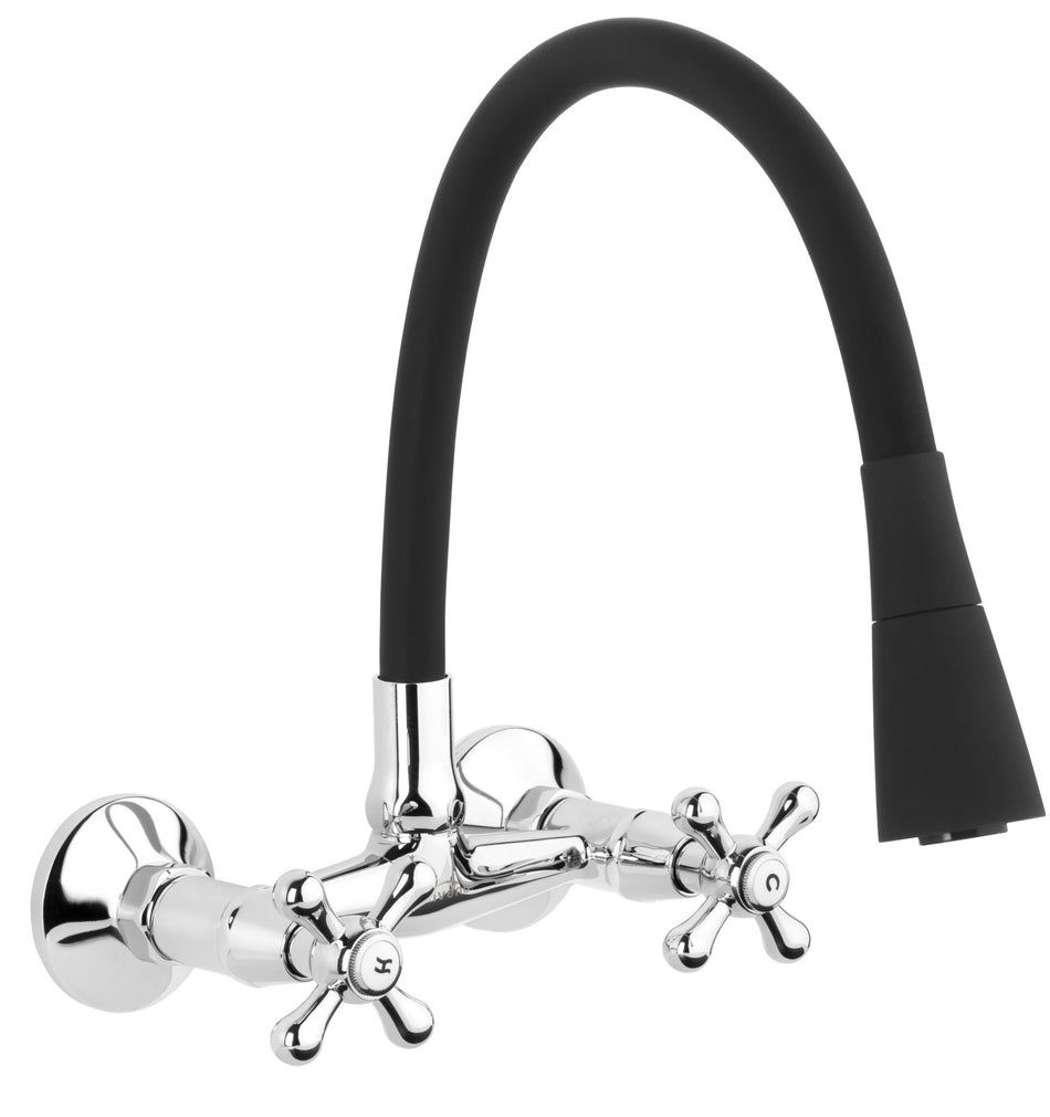Black Flexible Spout Chrome Kitchen Tap Wallmounted Faucet Cross Heads Mixer