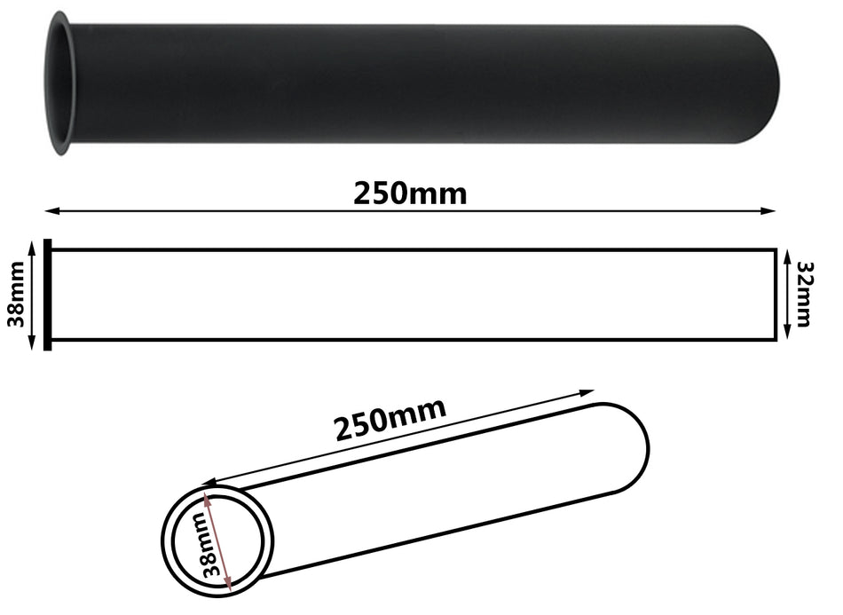 Black 250mm Long Pipe with Collar 32mm Wide Drain Waste Trap Replacement Part