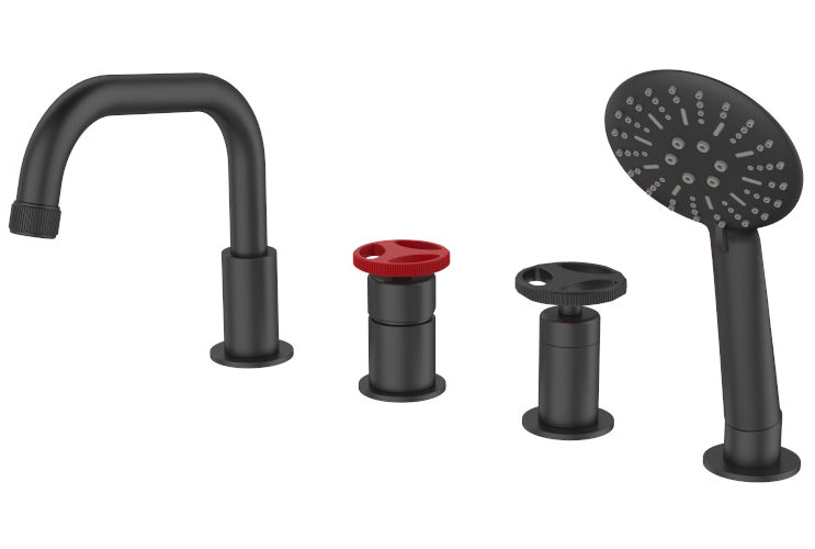 4-Hole Standing Bath Mixer Tap Sink Faucet Black Finishing Industrial Red Handle