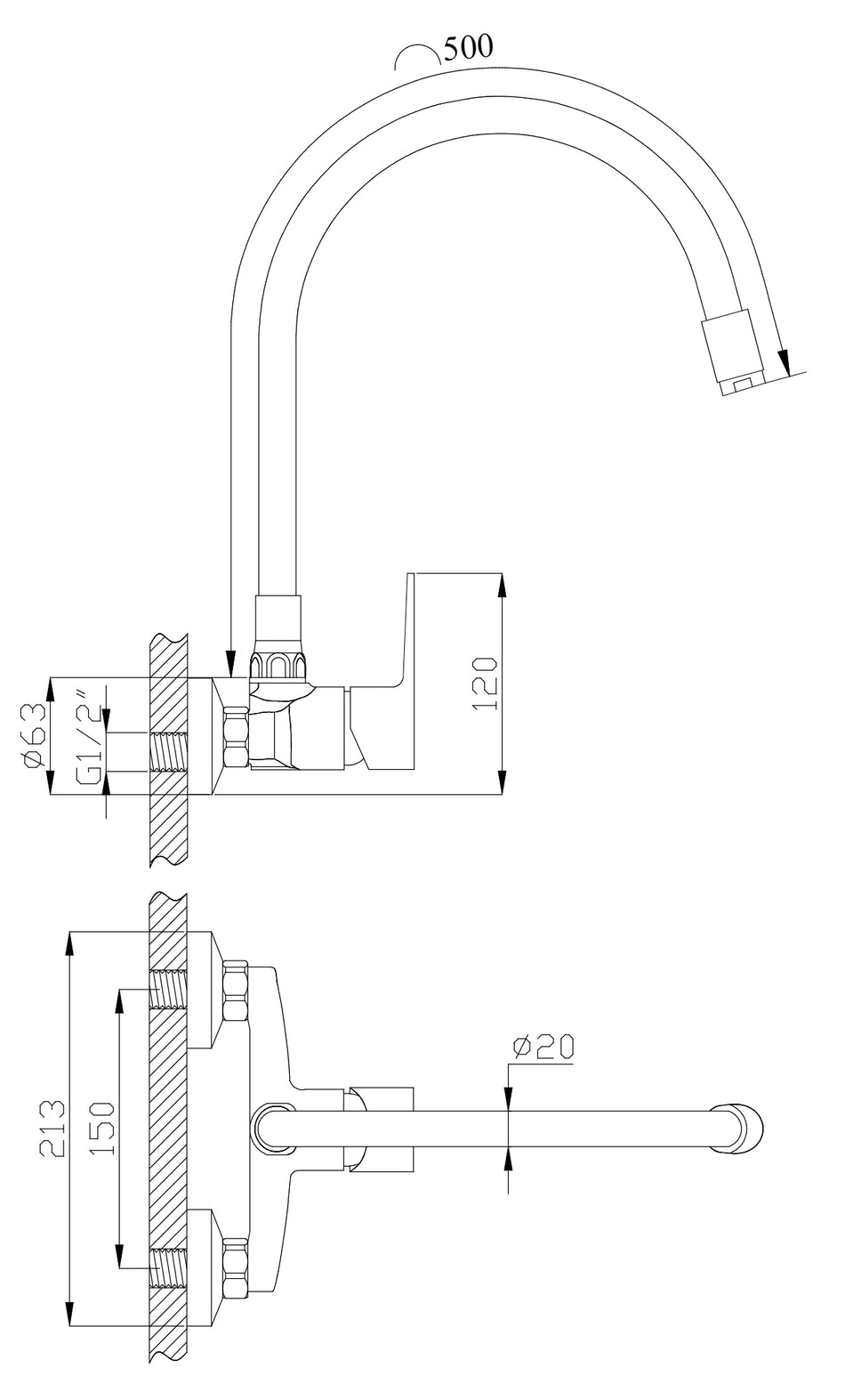 Black Wall Mounted Kitchen Tap Elastic Spout Faucet Single Lever Water Mixer