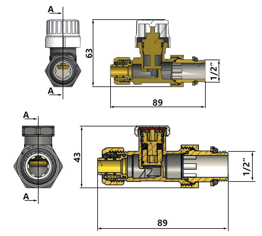 Straight Thermostatic Standard Radiator Brass Valve Set 1/2 Inch x PEX 16mm