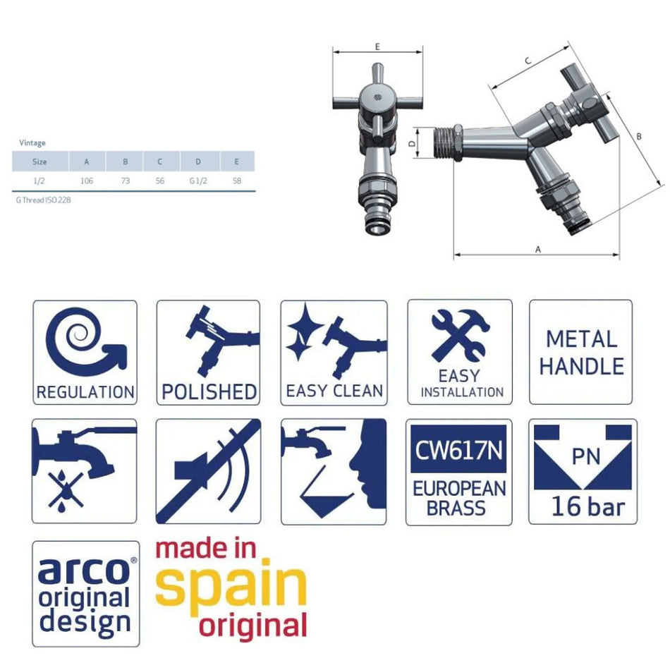 Vintage Garden Outside Tap Polished Chrome 1/2" Inch BSP Cross Head
