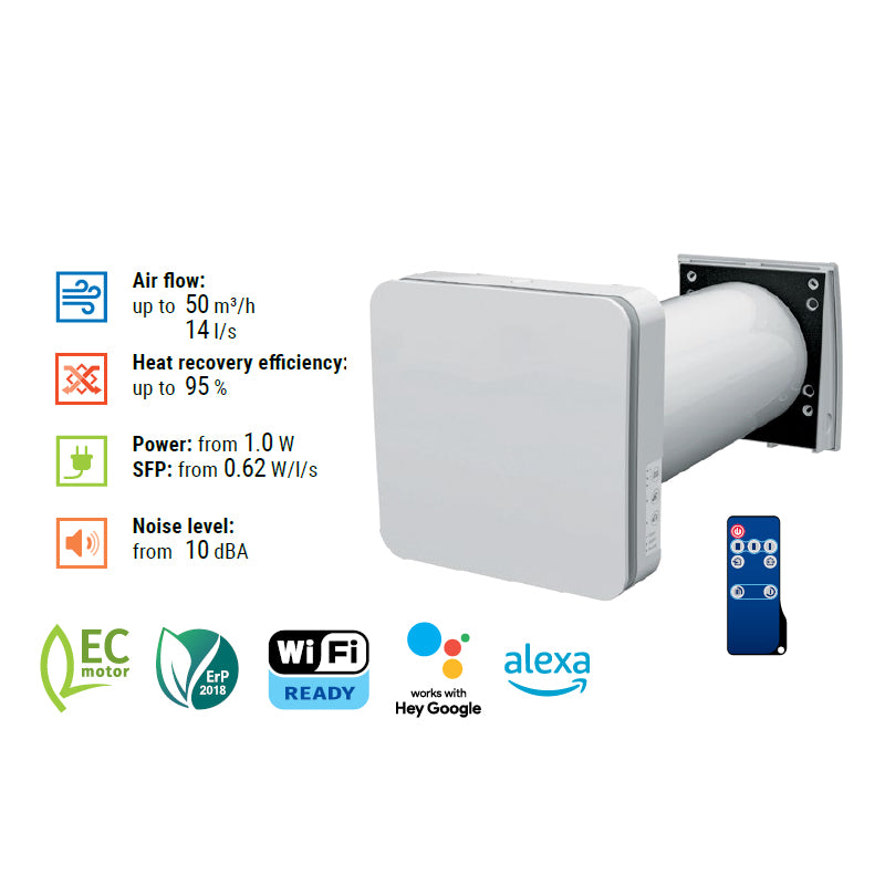 Black 160mm Ventilation Device Recuperator VMC for Individual Rooms WiFi Connection